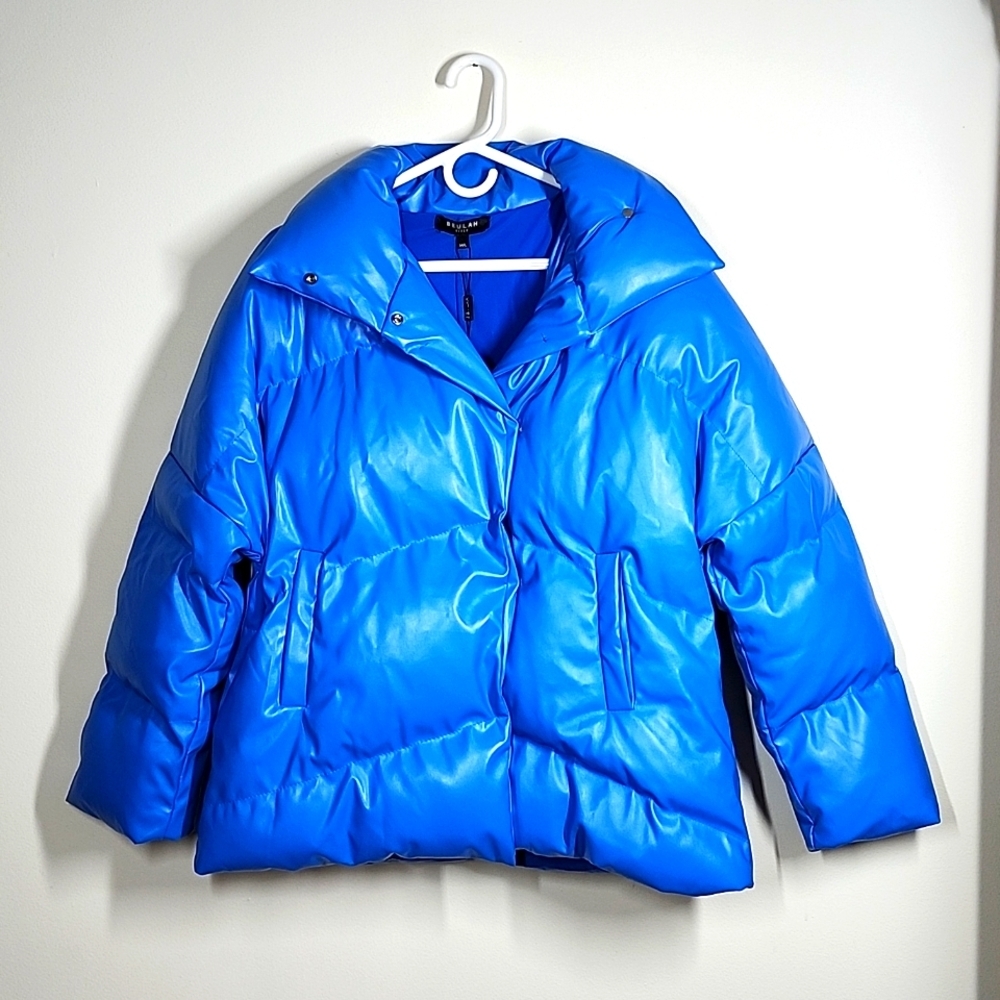 Beulah Faux Leather Bright Blue Puffer Coat Exaggerated Collar Womens M/L